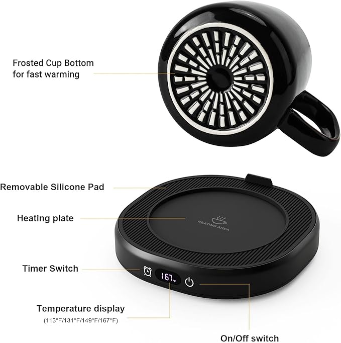 Coffee Mug Warmer & Simple Pure Black Mug Set, Electric Cup Warmer