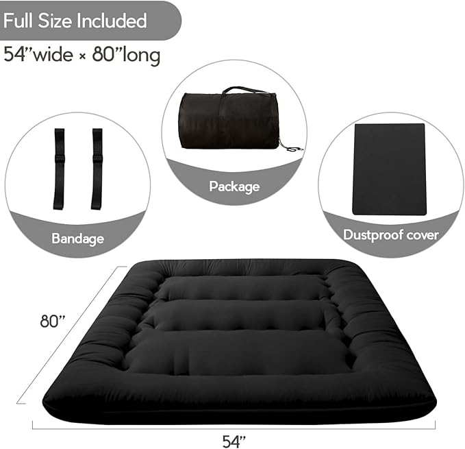 MAXYOYO Japanese Floor Mattress Futon Mattress, 4" Thicken Tatami Mat Sleeping Pad Foldable Roll Up Mat Boys Girls Dormitory Pad Kids Floor Lounger Pillow Bed, Black, Full