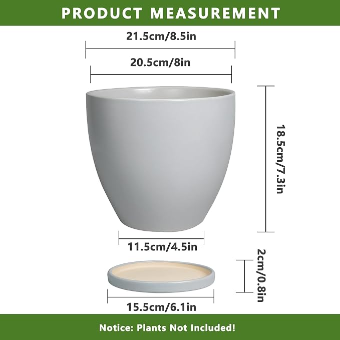 Ceramic Pots for Plants - 8 Inch Planter, Indoor Plant Pot with Drainage Hole and Saucers, Modern Flower Planters, Home Garden Patio Bathroom Porch Room Decor, Gray