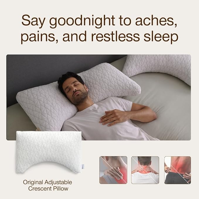 Coop Home Goods Original Crescent Adjustable Pillow, Queen Bed Pillows for Shoulder, Neck & Head Support, Crescent Foam Pillows - Medium Firm for Back & Side Sleeper, CertiPUR-US/GREENGUARD Gold