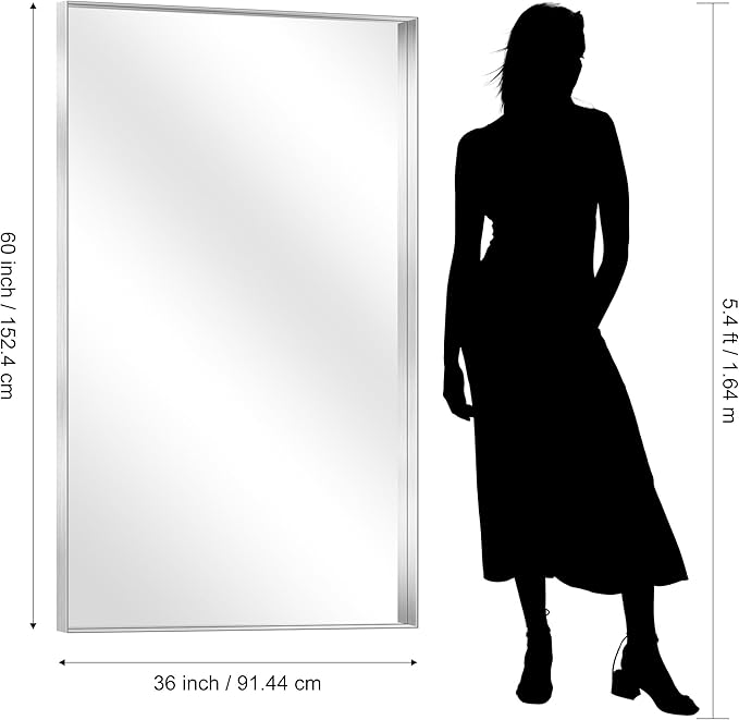 CIRCUMI Silver Bathroom Mirror, Brushed Finish, Tempered Glass, Large Mirror