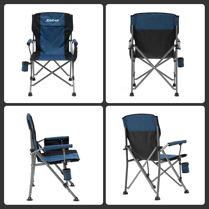 XGEAR Camping Chair Hard Arm High Back Lawn Chair Heavy Duty with Cup Holder, for Camp, Fishing, Hiking, Outdoor, Carry Bag Included