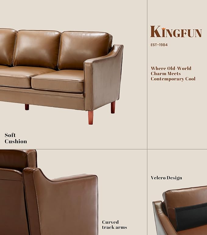Kingfun Living Room Furniture Sets, 3 Seater Couch, Armchair and Loveseat, Mid Century Modern Sofa Set, Faux Leather Couch with Solid Wood Frame for Living Room & Bedroom, Brown
