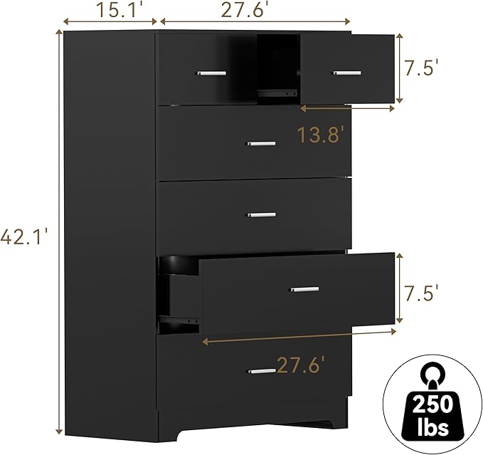 Dresser with Power Outlets Wooden 6 Drawer Dresser with Large Organizer Black