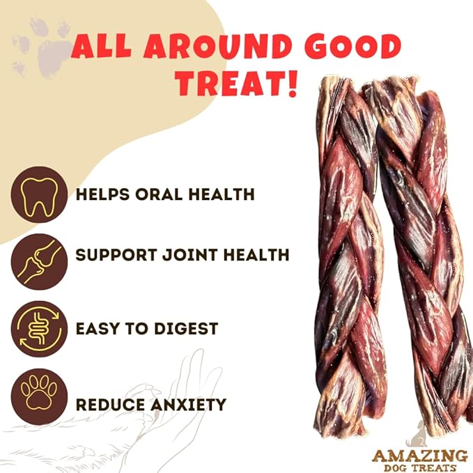 Amazing Dog Treats - 6 Inch Braided Gullet Stick (8 Pc/Pack) - Dog Jerky Treats - Beef Esophagus -Gullet for Dogs - Beef Esophagus Dog Treats