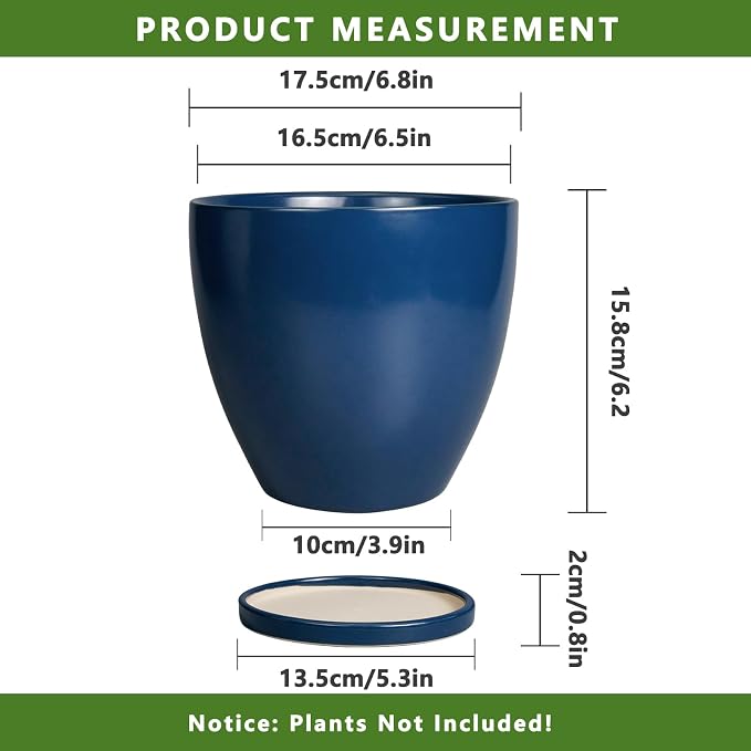6.8 Inch Plant Pot - Ceramic Planter with Drainage Hole and Saucer, Modern Round Flower Pot, Planters for Indoor Plants, Home Garden Decor, Blue