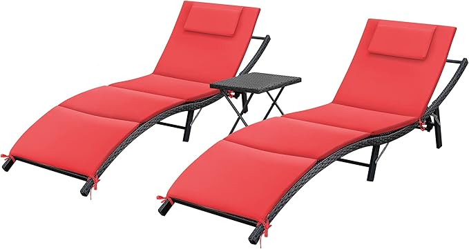 GUNJI Lounge Chairs for Outside 3 Pieces Patio Adjustable Chaise Lounge Outdoor Wicker Lounge Chairs Set of 2 with Table Folding Chaise Lounger for Poolside, Deck, Lawn (Red)