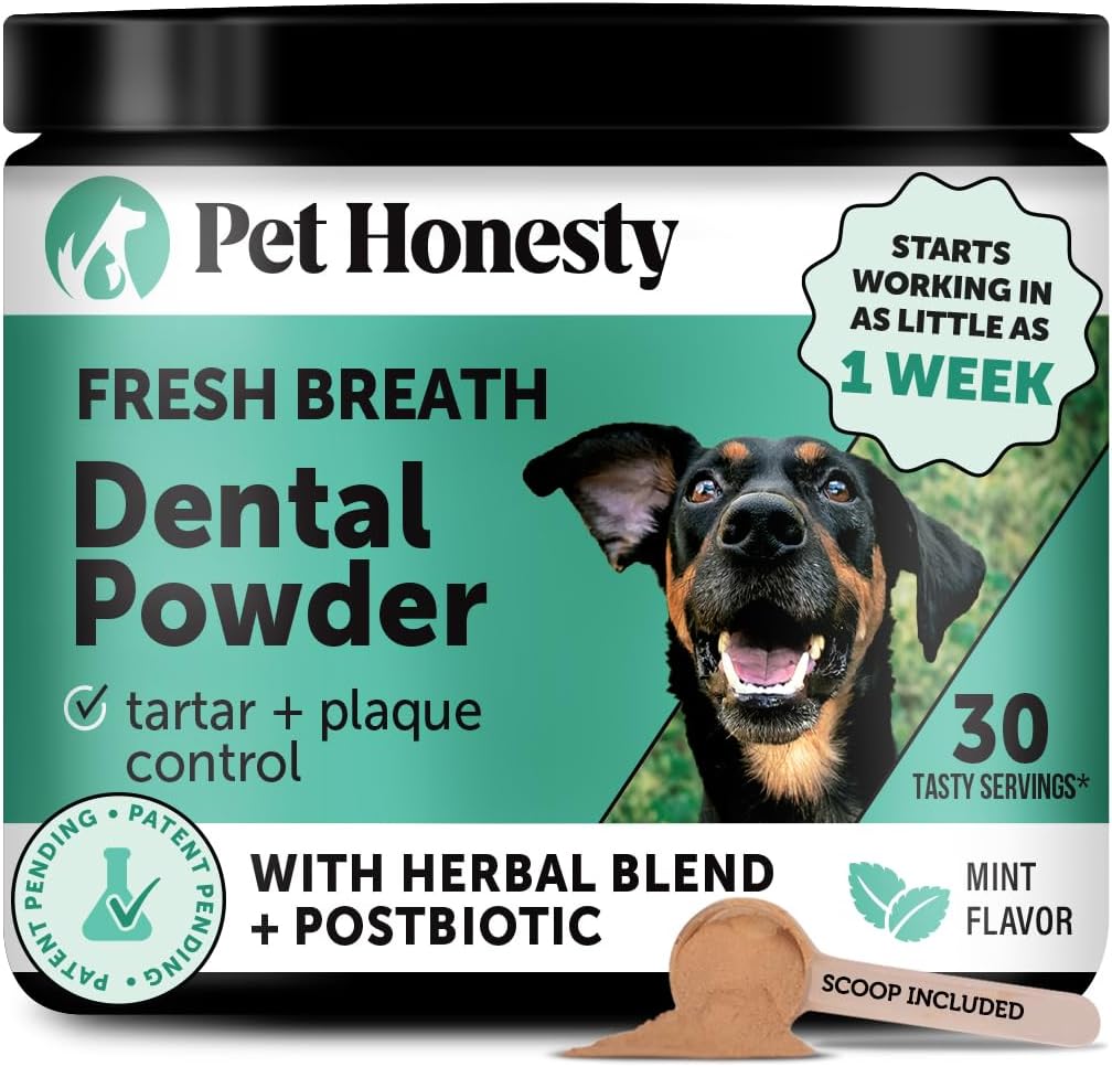 Dog Breath Freshener Dental Powder for Teeth Cleaning Plaque Off, Dental Care for Dogs, Tartar Remover for Teeth with Natural Herbal Blend + Postbiotics (Mint - 30 Servings)