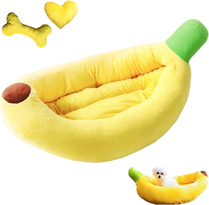 Banana Pet Bed for Small Dogs and Cats, Cozy Enclosed Calming Cave Bed with Removable Plush Cushion for Indoor Kittens Puppies Small Pets (Banana Bed + Bone Toy, Large)