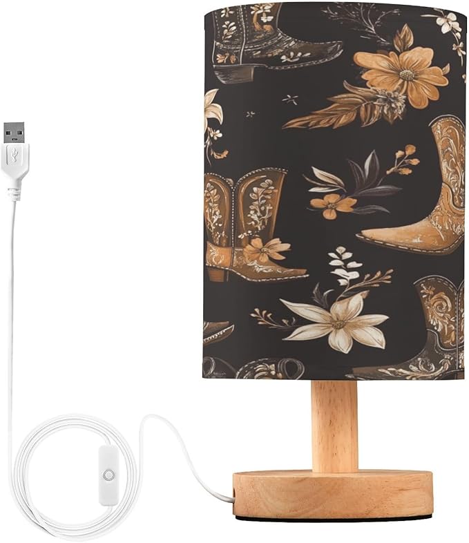Western Cowboy Boots Flowers LED Table Lamp for Bedroom Bedside Lamp with USB Charging Ports Decor Nightstand for Living Room Reading Dorm Desk Home Office