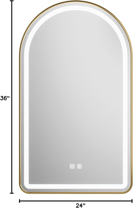 24x36 inch Gold Tempered Glass LED Arched Mirror