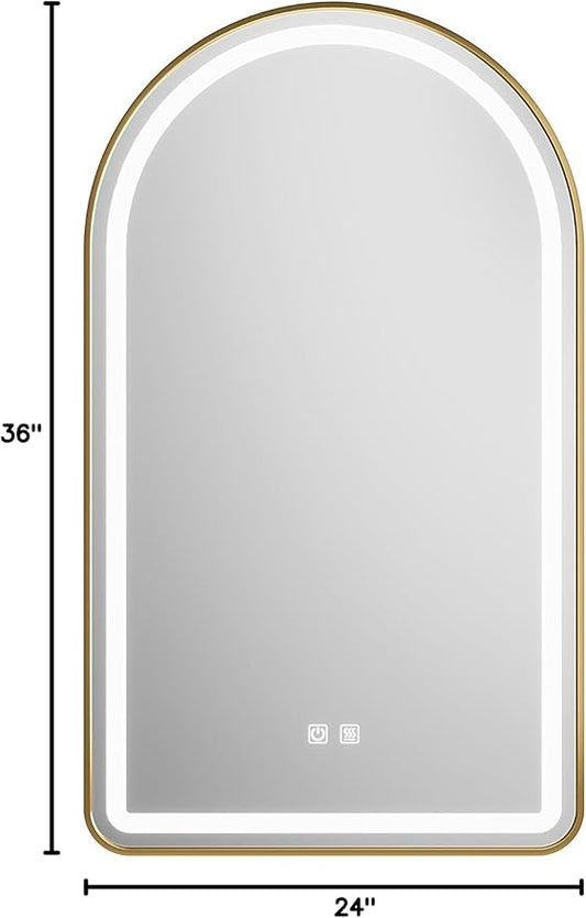24x36 inch Gold Tempered Glass LED Arched Mirror