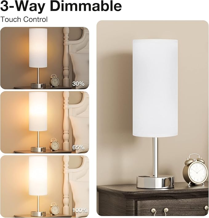 White Bedside Touch Table Lamps for Bedroom Nightstand with USB-C USB-A Charging Ports White, 3 Way Dimmable Control Small Lamp Silver Base for Office, Living Room, Reading
