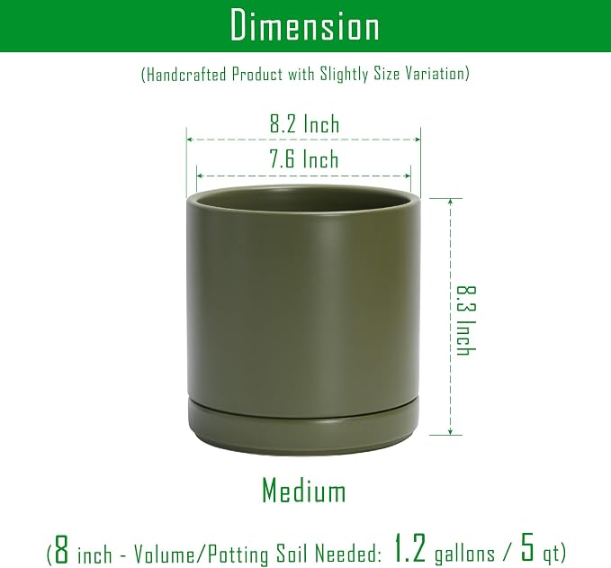 D'vine Dev Set of 2 Plants Pots, 8.2 Inch Ceramic Planter Pot for Plants with Drainage Hole and Saucer, Olive, 94-V-D-J