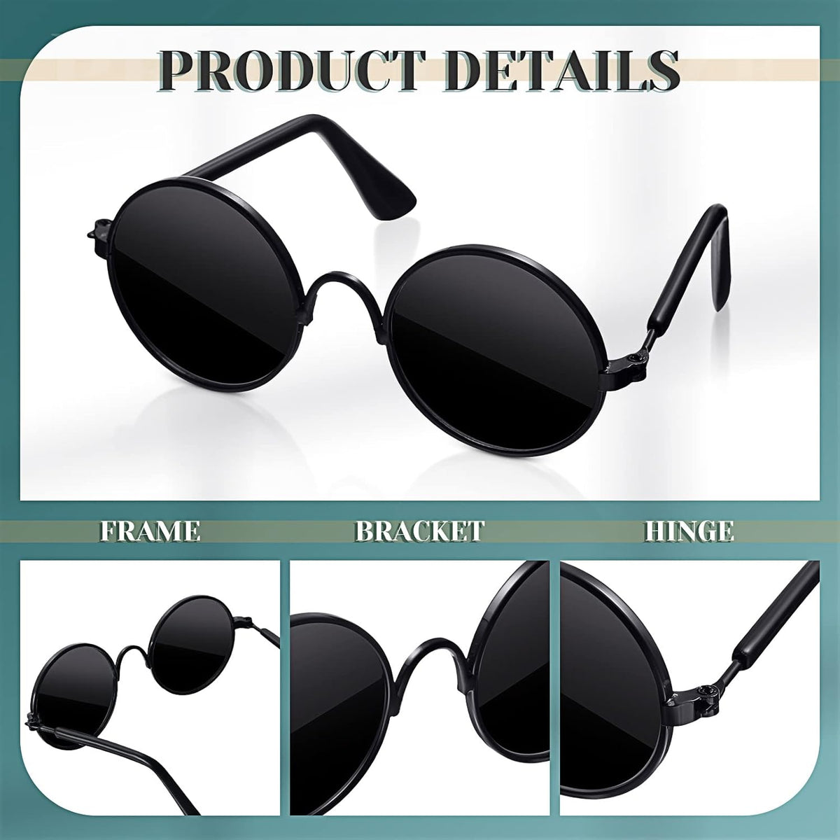 Dog Sunglasses Retro Pet Glasses Doll Glasses Classic Round Dog Glasses Metal Cat Puppy Eye Wear Hippie Costumes for Cats and Dogs, Photos Props Cosplay Party Costume (Black, Classic Style)