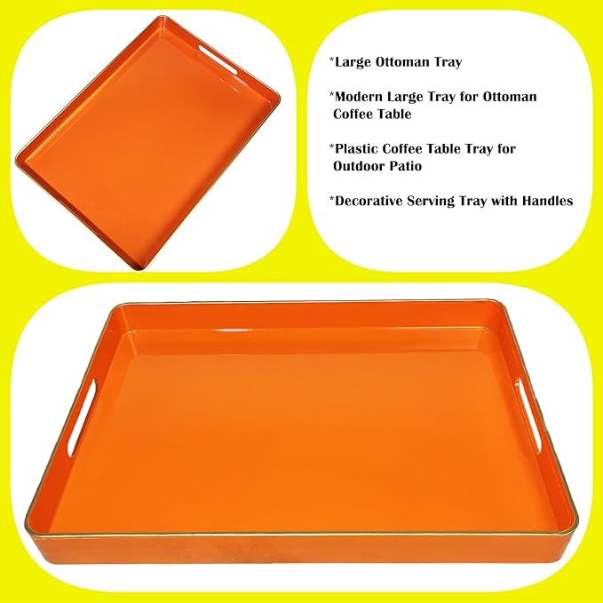 Large Orange Tray, Elegant Plastic Coffee Table Tray for Ottoman, Home Decor, Living Room.16.7"*12"*1.6"