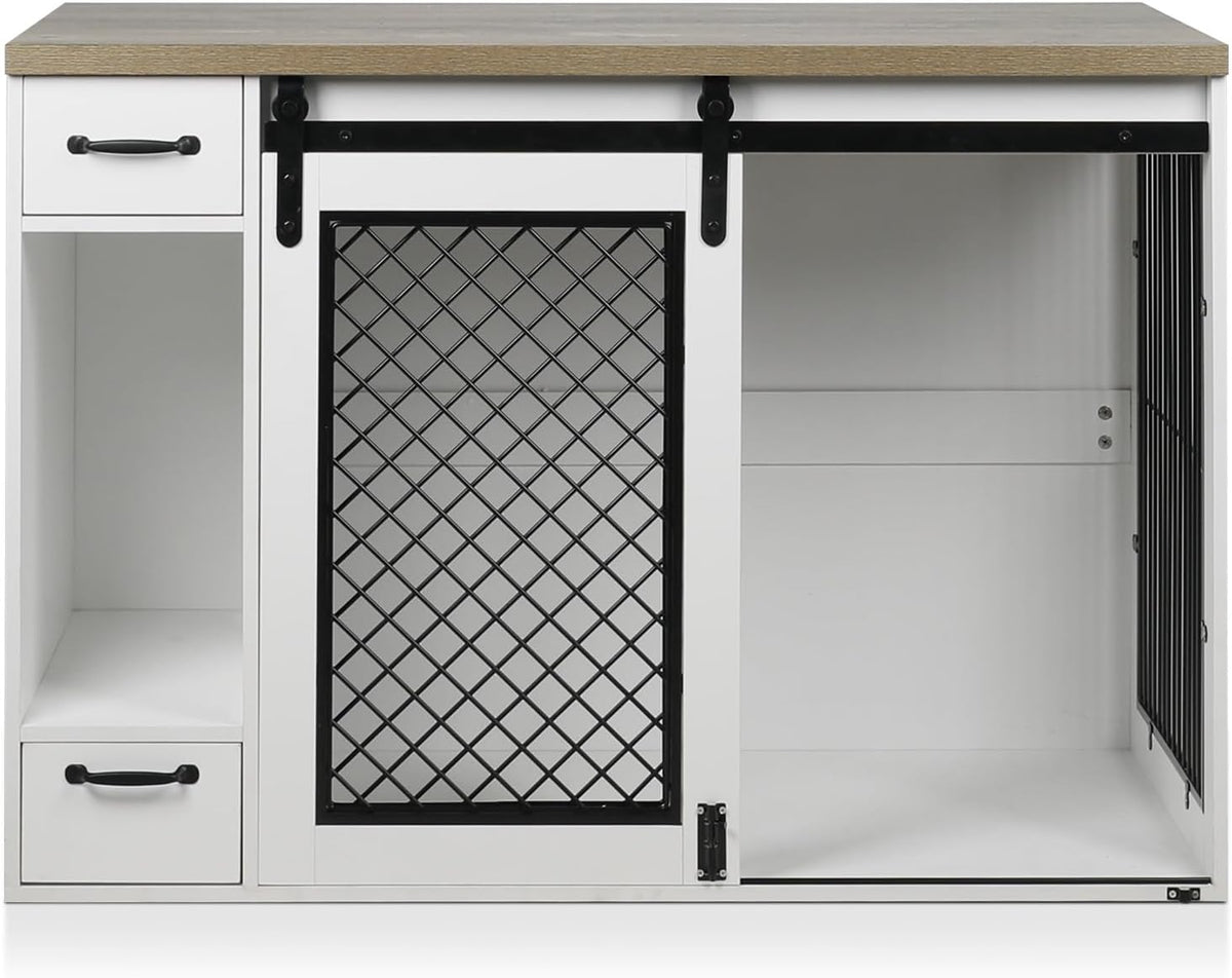 Large Dog Crate, Dog Crates for Medium Dogs, 47.2" Dog Kennel Indoor with Drawers, Feeder Bowls and Storage, 2 Sliding Doors, Heavy Duty Dog Crate Farmhouse Modern Side End Table for Small Medium Dogs