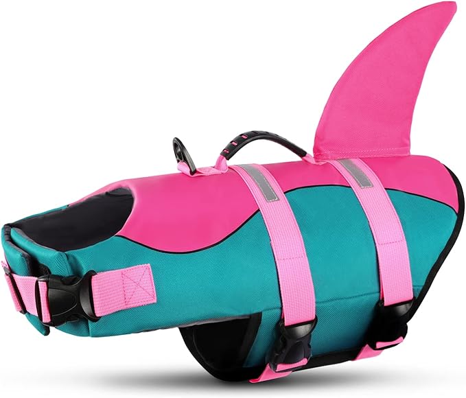 Dog Life Jacket,Dog Life Vest for Swimming,Dog Shark Life Jacket with Rescue Handle,Adjustable Reflective Dog Life Preserver for Large Dog,Green L