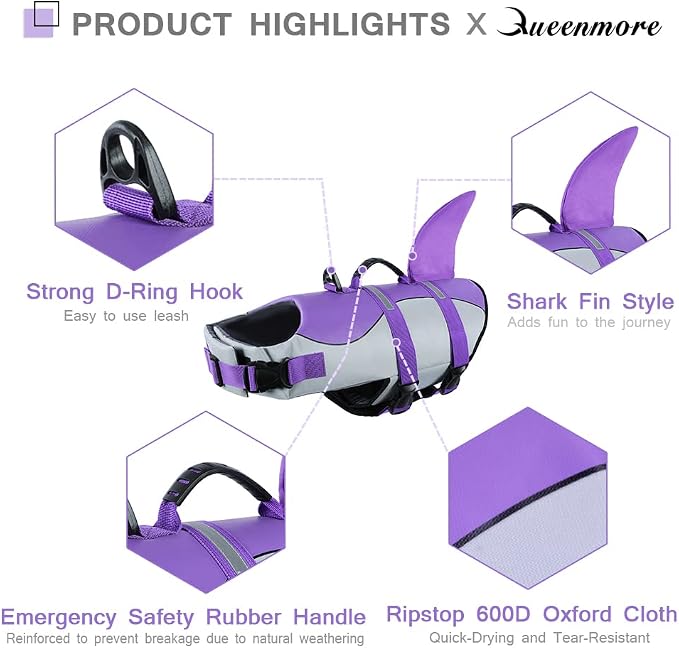 Dog Life Jacket,Dog Life Vest for Swimming,Dog Shark Life Jacket with Rescue Handle,Adjustable Reflective Dog Life Preserver for Small Dog,Purple XS