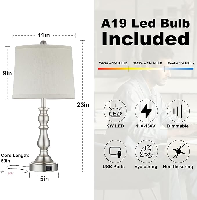 Farmhouse Side Table Lamps for Living Room Set of 2 with USB C+A Ports, Bedside Lamp for Bedroom, Dining Room Decor, Office, End Table, Knob Switch, 3 Color Temperatures, Bulb Included, Silver
