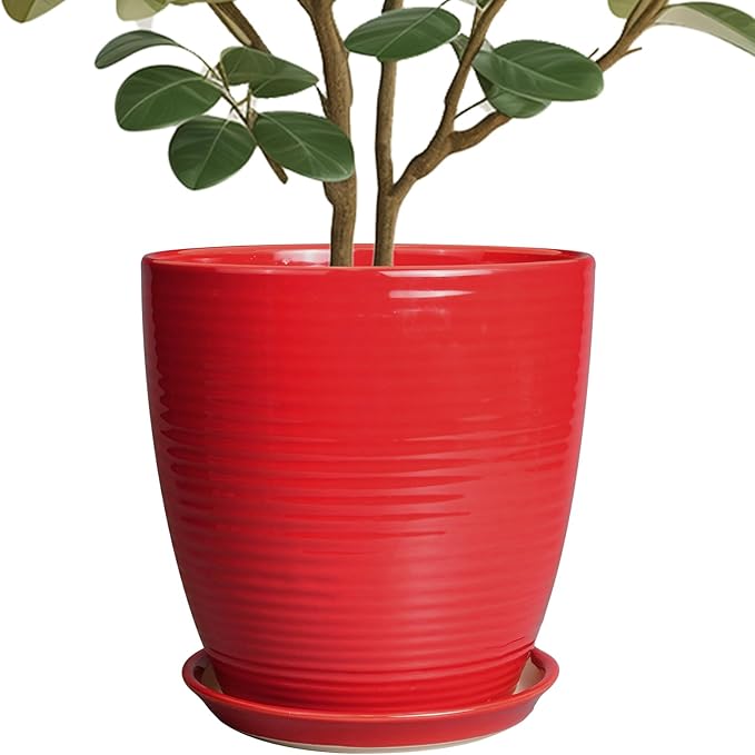 Ceramic Planter 10 Inch - Ceramic Pot for Plants Large Plant Pot Indoor with Drainage Hole and Saucer Round Outdoor Planter Modern Flower Pot for Garden House Red