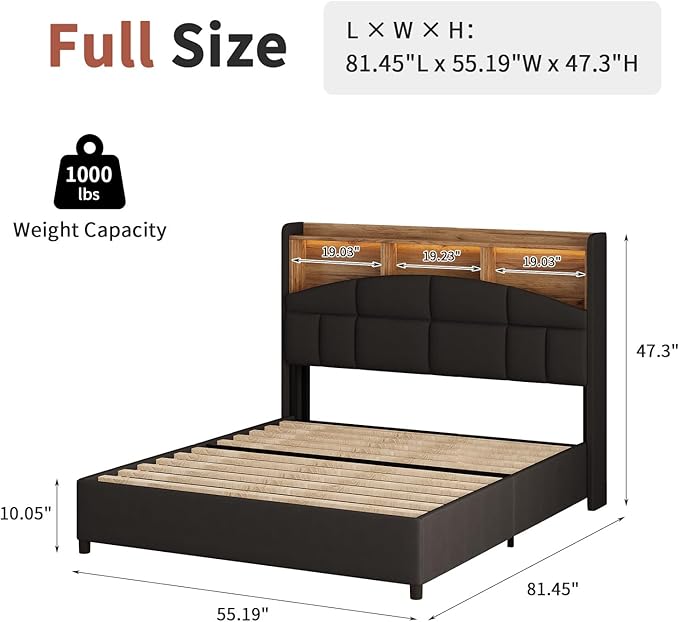 Full Size Bed Frame with Headboard, Velvet Upholstered Bed Frame with LED Lights, Full Size Platform Bed with Wooden Slats Support, No Box Spring Needed, No Noise, Black