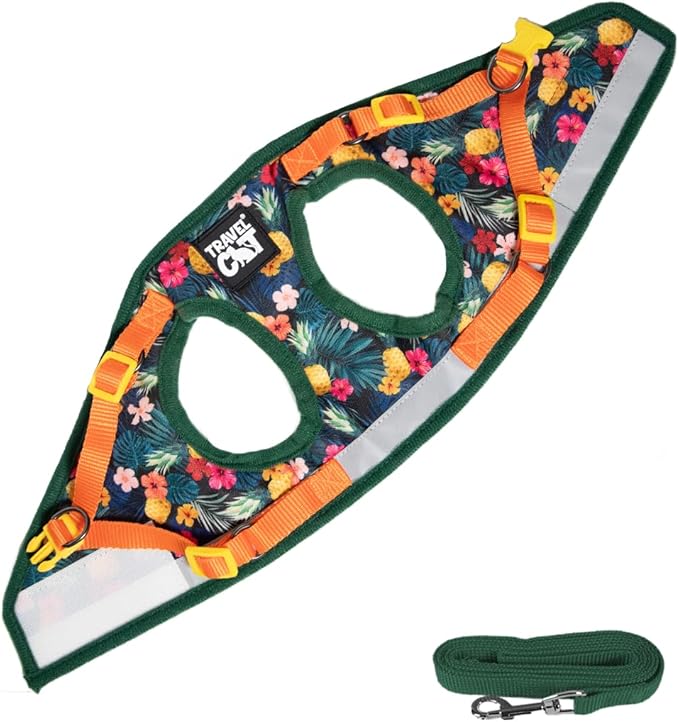 Travel Cat Harness and Leash Set - Adjustable Fit Mesh Cat Harness and Reflective Strap - Comfort Walking Vest for Kitten for Outdoor Walking, Hiking (Medium, Hawaiian)