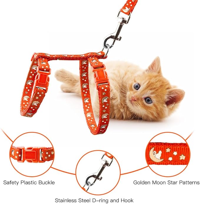 Cat Harness and Leash Set Gold Moons Soft Nylon Escape Proof Adjustable for Kittens Small Animals Glow in The Dark(Orange)