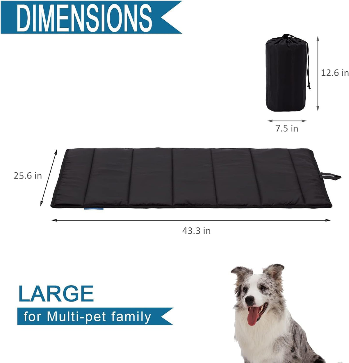 BDEUS 43x25In Large Size Outdoor Dog Bed, Waterproof & Portable Camping Travel Pet Mat, Easy to Clean, Washable Odor Resistant Pet Cooling Pad (Black)