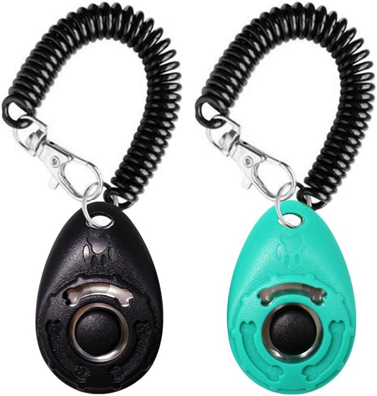 OYEFLY Dog Training Clicker with Wrist Strap Durable Lightweight Easy to Use, Pet Training Clicker for Cats Puppy Birds Horses. Perfect for Behavioral Training 2-Pack (Black and Water Lake Blue)