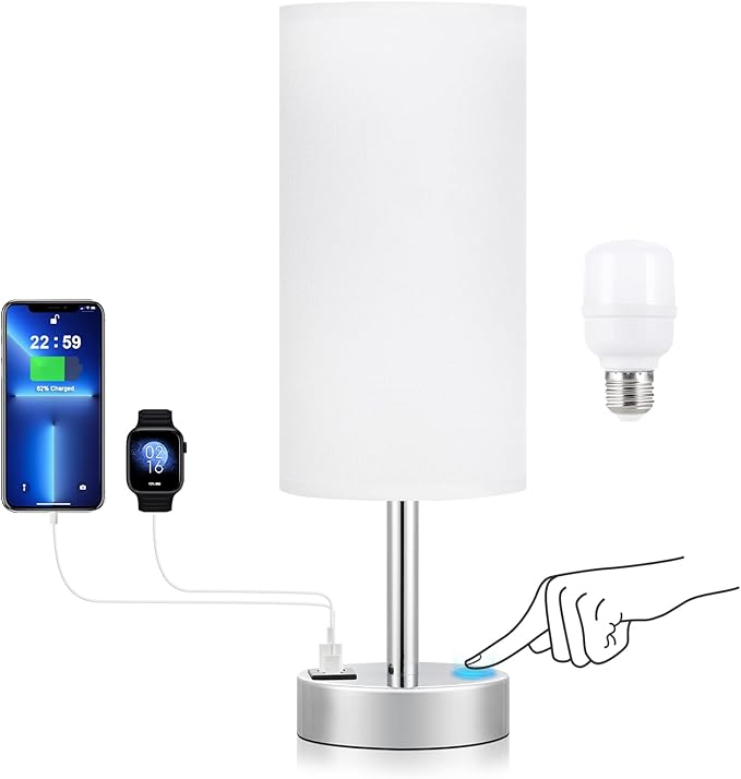 White Bedside Touch Table Lamps for Bedroom Nightstand with USB-C USB-A Charging Ports White, 3 Way Dimmable Control Small Lamp Silver Base for Office, Living Room, Reading