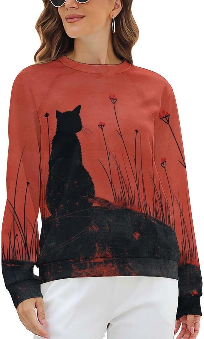 Long Sleeve Shirts for Women Cat Oil Painting Shirt 3D Graphic Sweatshirts Fall Pullover Crewneck Vintage Boho Tops