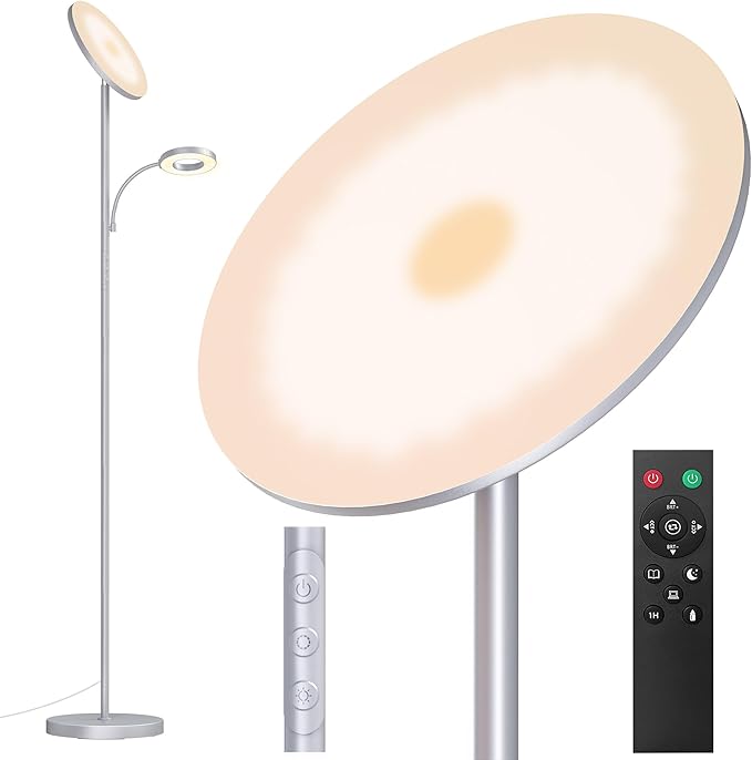 Silver Gray Floor Lamps for Living Room Bedroom, 42W/4300LM Bright LED Floor Lamp with Remote and Touch Control, Stepless Dimmable, 69" Tall Standing Lamp with Gooseneck Reading Light for Office