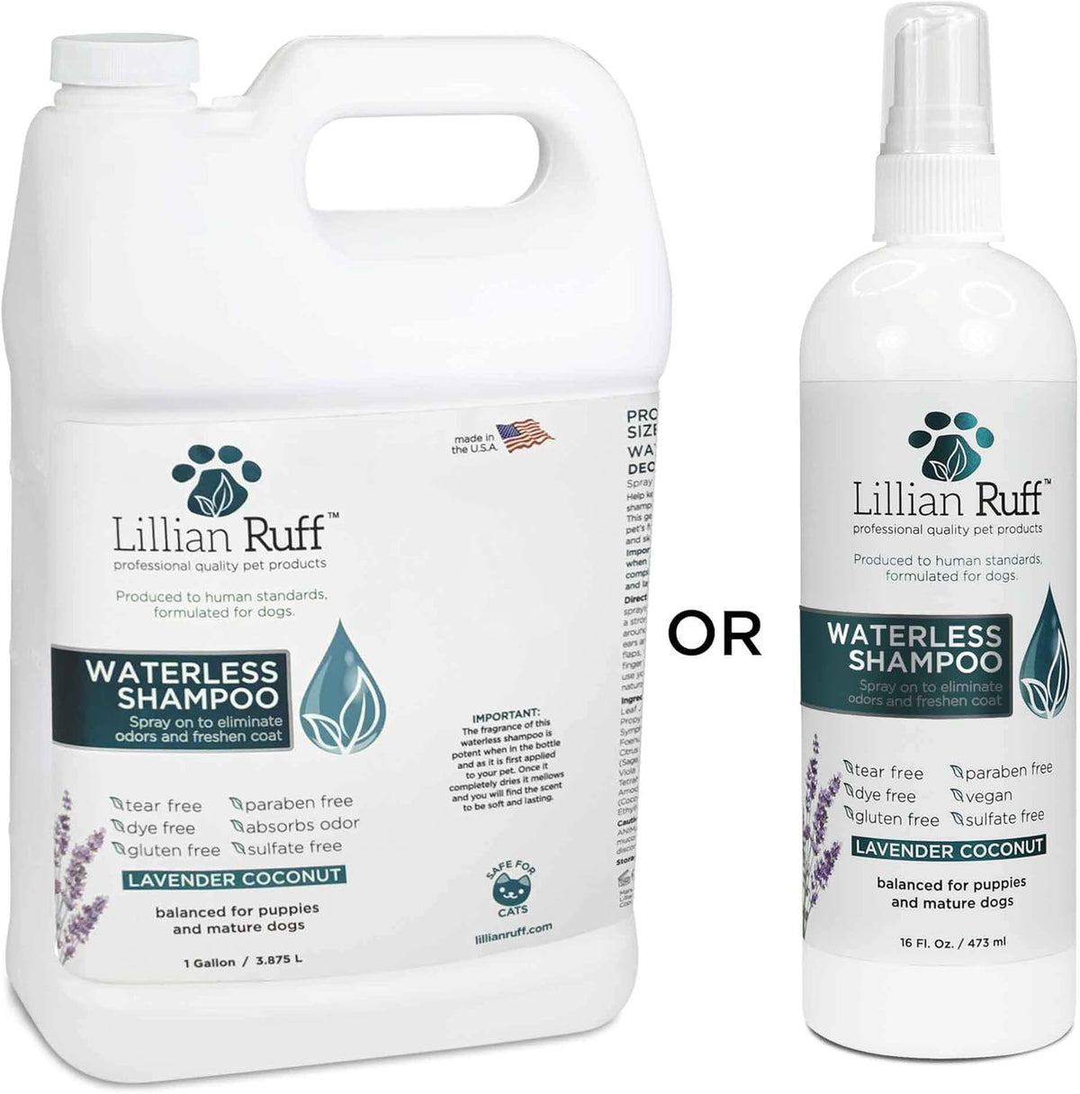 Lillian Ruff Waterless No-Rinse Dog Dry Shampoo Spray with Hydrating Essential Oils - pH-Balanced Dry Shampoo for Dogs - Clean, Condition, Detangle & Deodorize Dry, Sensitive Skin (Gallon)