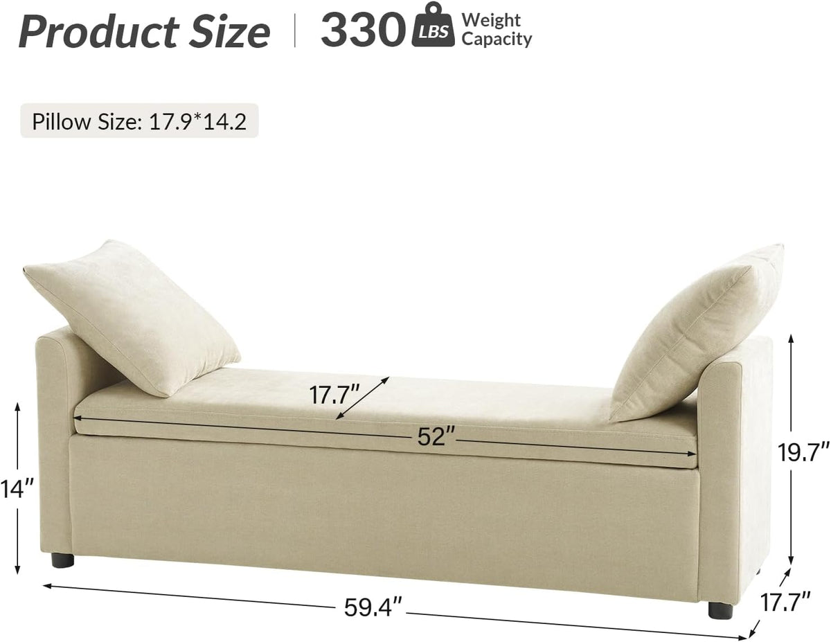 HULALA HOME Modern Storage Bench with Throw Pillows, 59.4" Extra Long Bedroom Ottoman Bench for End of Bed, Comfy Upholstered Footstool for Entryway Dining Room Living Room, Beige