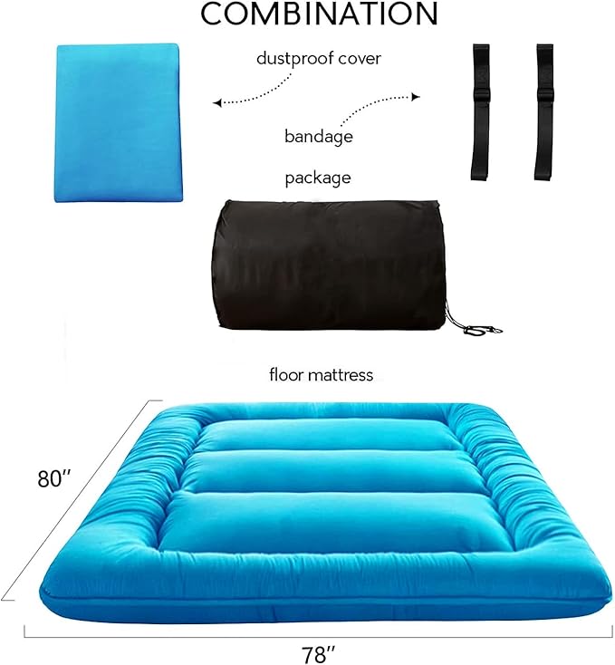 MAXYOYO Japanese Floor Mattress Futon Mattress, Thicken Tatami Mat Sleeping Pad Foldable Roll Up Mattress Boys Girls Dormitory Mattress Pad Kids Floor Lounger Bed Couches and Sofas, Turquoise, King