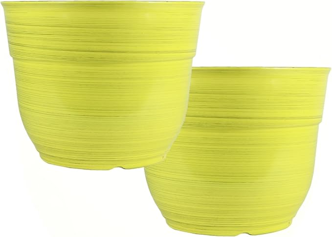 Garden Elements Indoor/Outdoor Glazed Brushed Happy Plastic Planter, Large, Bright Yellow, 15" (Pack of 2)