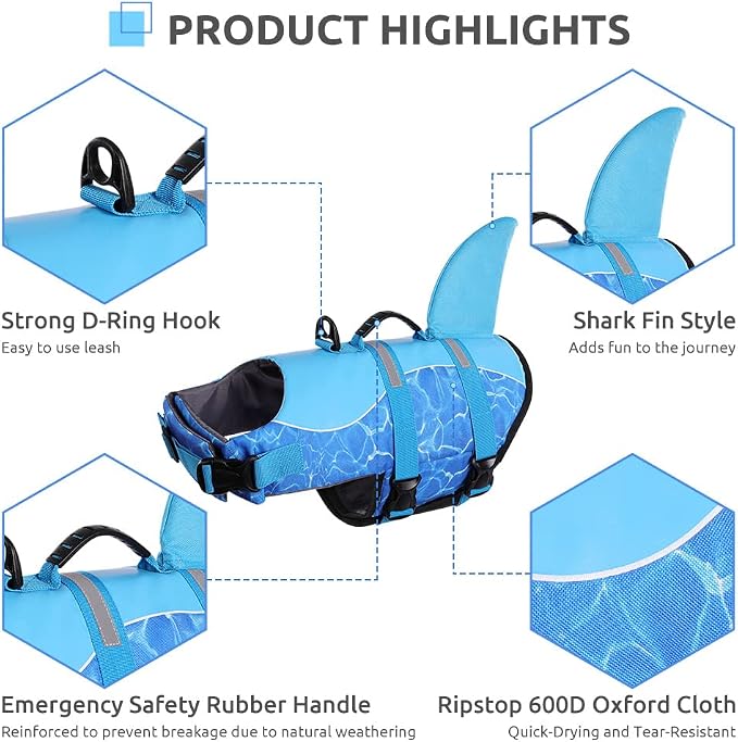 Shark Dog Life Jacket, Dog Life Vest for Swimming, High Buoyant Doggie Swimming Vest, Adjustable Easy On Pet Swim Jackets for Small, Medium, Large Breeds (Blue,M)