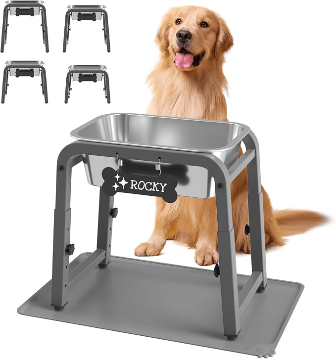 1.2 Gallon Elevated Large Dog Water Bowl with Mat, 4 Height Adjustable 12-17", Raised Dog Water Bowl Stand for Large Breed