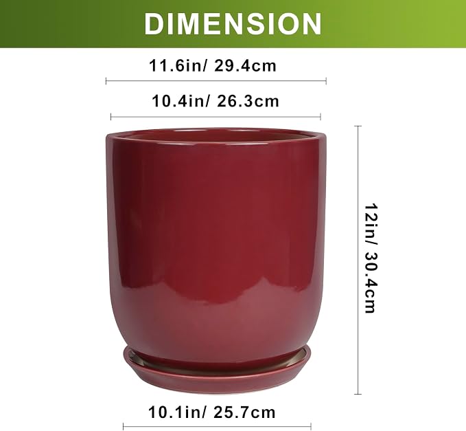 Ceramic Pots for Plants - 12 Inch Plant Pot Indoor with Drainage Hole and Saucer Large Planter Outdoor Flower Pot for Home Patio Office Decor Red