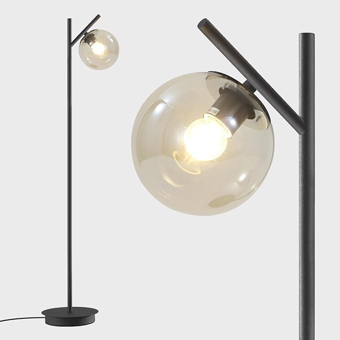 Vintage Floor Lamp for Living Room Mid Century Black Floor Freestanding Lamp Farmhouses Cognac Glass Globe Standing Tall Pole Lamp for Study Room Hotel Bedroom
