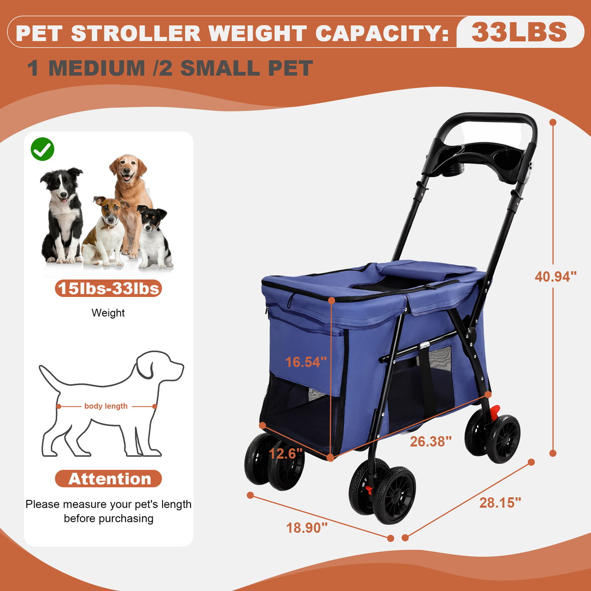 Pet Stroller, Foldable 4-Wheel Design, Breathable Mesh Dog Cat Stroller with Shockproof Wheels, Brake System, Storage Tray, 2 Fixed Safety Leashes, Large Space for Small Medium Pets, Navy Blue