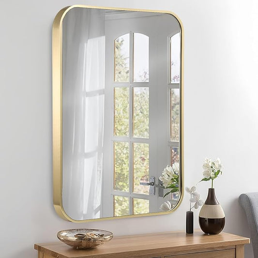 16x24 Inch Gold Bathroom Mirror, Brushed Brass Gold Metal Framed Rectangular