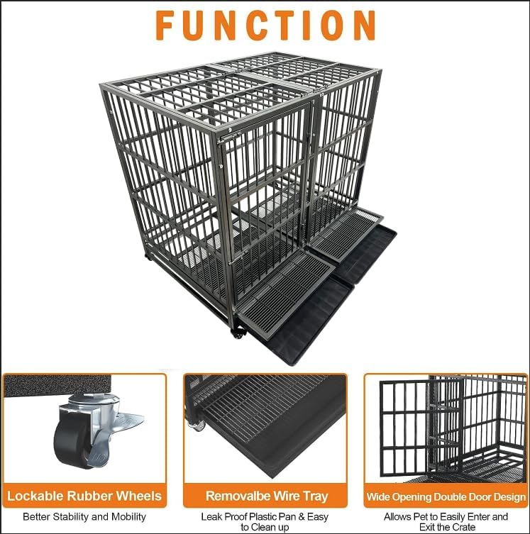 54/48/42/38 Inch Heavy Duty Dog Crate Cage with Wheels, Indestructible and Escape Proof Steel Kennel Indoor for High Anxiety Dogs with Sturdy Locks, Double Door and Tray, Extra Large XL XXL