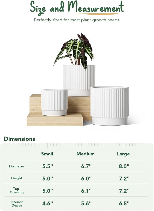 LE TAUCI Ceramic Pots for Plants, 8+6.7+5.5 Inch Plant Pots Indoor, Flower Pot with Drainage Holes, Medium Cylinder Planters for Indoor House Plants, Set of 3, White