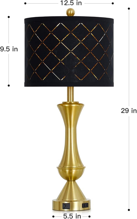 29" Gold Modern Table Lamps Set of 2, 3-Way Dimmable Touch Lamps for Nightstand with USB A+C & Outlets,Brass Lamps for Living Room, Bedroom, Nightstand, Entryway(2 Bulbs Included)