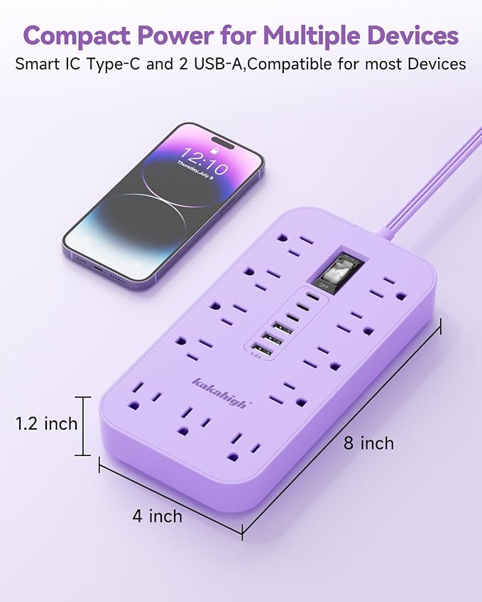 Purple Extension Cord with Multiple Outlets- 5 FT Lavender Power Strip