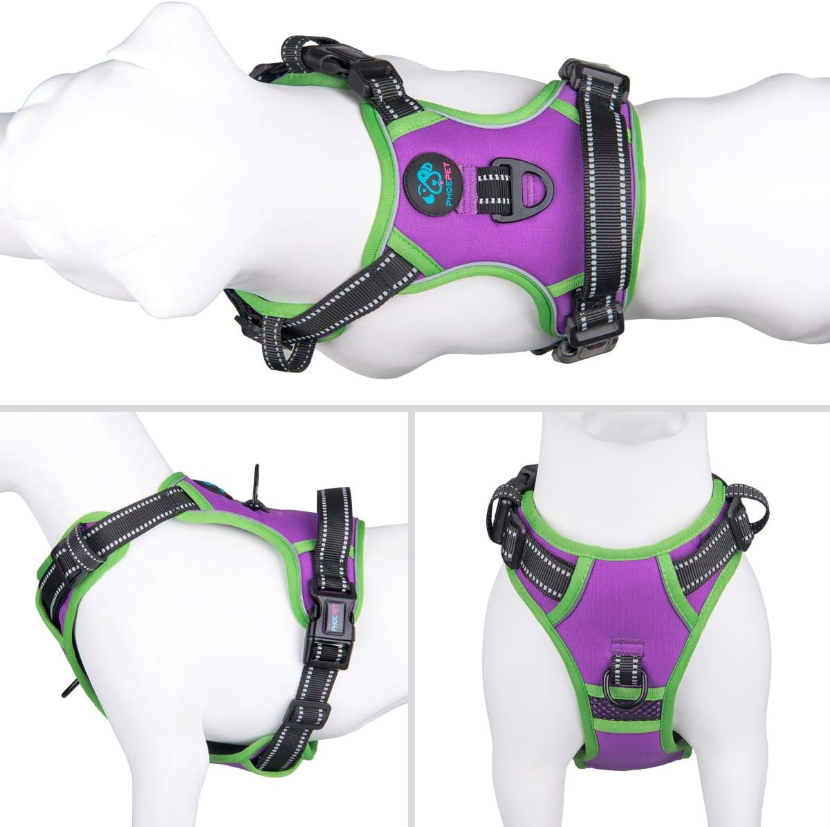 PHOEPET 2019 Upgraded No Pull Dog Harness, Reflective Adjustable Vest, with a Training Handle + 2 Metal Leash Hooks+ 3 Snap Buckles +4 Slide Buckles(S, Purple)