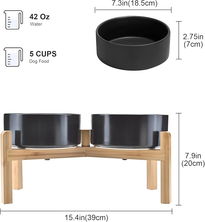 SPUNKYJUNKY Elevated Dog Bowls Ceramic, 7.3'' Dogs Food Water Bowls Raised with Non-Slip Bamboo Stand for Medium to Large Sized Breed Microwave Dishwasher Safe - 42 OZ,Black