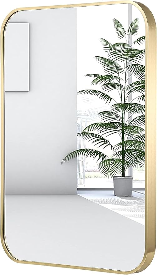 16x24 Inch Gold Bathroom Mirror, Brushed Brass Gold Metal Framed Rectangular